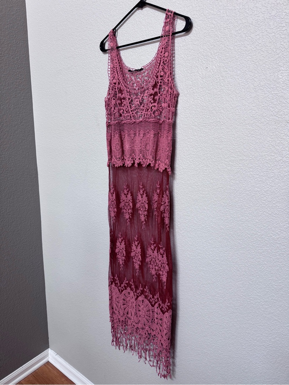Crochet Lace Sheer Mesh Overlay Maxi Dress Women’s S/M Dusty Pink Boho